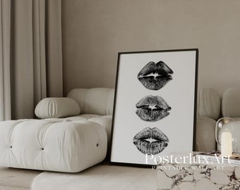 Chic Black and White Fashion Wall Art, Stockholm Modern Aesthetic Chic Apartment Decor, Stylish Y2K Wall Art, Kiss Lips & Leopard Print, image 5