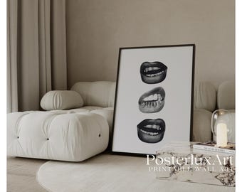 Stockholm Style Wall Art Set of 3 | Black & White Modern Prints | Doberman, Cheers Glasses and Lips | Minimal Fashion Home Decor, image 4