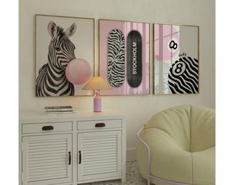 Pink Zebra Apartment Print Set, Preppy Y2k Fashion Print, Leopard Pink Stylish And Cool Girl Aesthetic Art for Teen & Dorm Room, Zebra Print, image 1