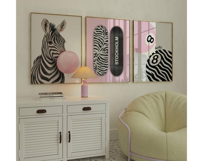 Pink Zebra Apartment Print Set, Preppy Y2k Fashion Print…