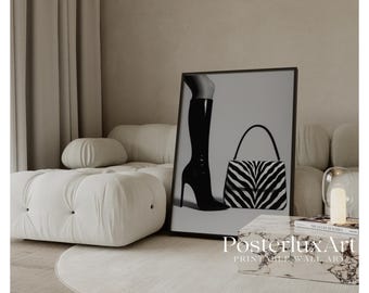 Black & White Luxury Heels Poster, High Heels Fashion Wall Art, Magazine Cover Zebra Wall Art, Stockholm Style Aesthetic Luxury Boots Print, image 1