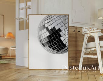 Black & White Disco Ball Wall Art Print, Stockholm Style Retro 70s Party Aesthetic Dance Room Print, Chic Apartment Stylish Y2K Wall Art, image 3