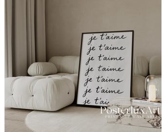 Je T’aime Wall Art Print | French Minimalist Typography Poster | Modern Black and White Aesthetic Decor | Scandinavian Printable Art, image 1