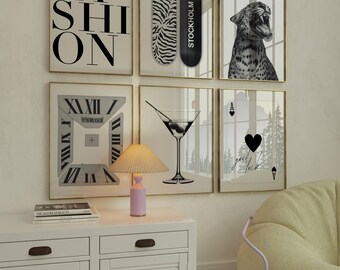 Trendy Black and White Fashion Wall Art Set, Set of 6 Modern Aesthetic Chic Apartment Decor, Stylish Y2K Wall Art, Fashion Leopard Wall Art, image 1