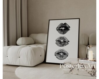 Black Lips Wall Art Print, Modern Scandinavian Aesthetic, Y2K Chic Woman Bedroom Decor, Stockholm Style Kiss Lips, image 1