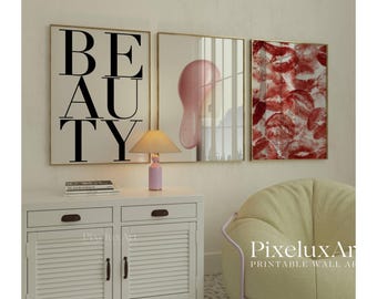 Modern Beauty Wall Art Set | Red Lipstick Aesthetic Prints, Y2K Makeup Art Decor, Girly Glam Room Printable Poster, Beauty Gallery Set, image 3