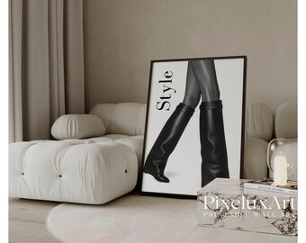Style Black & White Fashion Poster, Magazine Cover Style Wall Art, Stockholm Style Modern Aesthetic Chic Apartment Decor, Luxury Boots Print, image 1