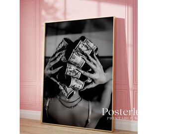 Money Hair Rollers Poster, Black & White Girl Money Art, Collage Apartment Print, Y2k Glam Fashion Print, Luxury Rich Woman Poster, image 4
