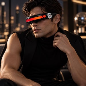 May include: A black sleeveless blazer worn over a black mock neck shirt, paired with futuristic black visor-style sunglasses featuring a prominent horizontal red lens and a silver circular accent on the temple frame.