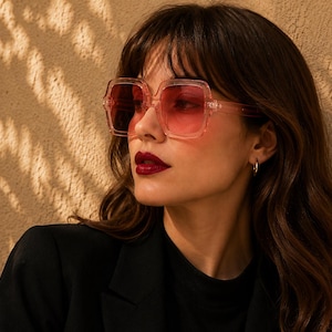 Puede incluir: Gafas de sol cuadradas de gran tamaño con monturas de color rosa claro translúcido y lentes de color rosa degradado. Las monturas presentan un diseño de borde grueso y llamativo con almohadillas nasales y patillas integradas, ofreciendo un aspecto distintivo.