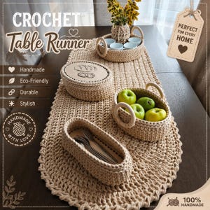 May include: A beige crochet table runner featuring a matching set of handmade storage baskets. One basket holds green apples, another contains metal cutlery, and a third holds small white bowls. A lidded basket with a bread illustration is included.