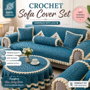 May include: A teal crochet sofa cover set featuring a textured pattern with cream-coloured scalloped edges. The set includes a sofa throw, two square pillows, a cylindrical bolster, and a round table cover, all adorned with matching trim.