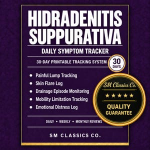 Könnte beinhalten: Ein violetter, ausdruckbarer täglicher Symptom-Tracker für Hidradenitis suppurativa. Das Dokument enthält Protokolle für schmerzhafte Knoten, Hautschübe, Drainage, Mobilitätseinschränkungen und emotionalen Stress sowie ein 30-Tage-System.