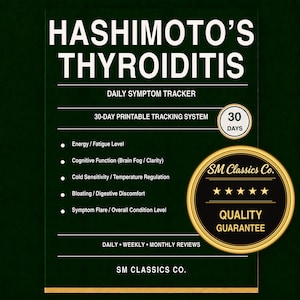 May include: A dark green printable daily symptom tracker for Hashimoto's Thyroiditis. The document features a 30-day tracking system, listing categories for energy, cognitive function, cold sensitivity, bloating, and symptom flares, with a gold seal.