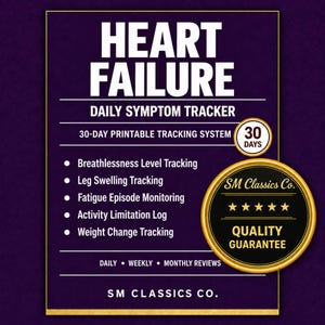 Peut inclure: Un suivi quotidien des symptômes de l'insuffisance cardiaque imprimable en violet foncé avec du texte blanc. Il comprend un système de suivi sur 30 jours, des journaux pour l'essoufflement, l'œdème des jambes, la fatigue, l'activité et le poids.
