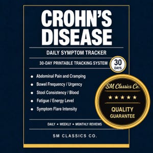 Può includere: Un sistema stampabile di monitoraggio quotidiano dei sintomi per la malattia di Crohn su sfondo blu scuro. Elenca categorie come dolore addominale, frequenza intestinale, consistenza delle feci, affaticamento e intensità delle riacutizzazioni.