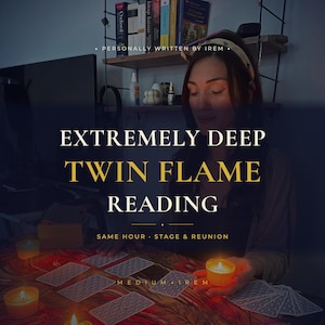May include: A person sits at a table with tarot cards and lit candles. The text reads: PERSONALLY WRITTEN BY IREM, EXTREMELY DEEP TWIN FLAME READING, SAME HOUR STAGE & REUNION, MEDIUM IREM. The scene is dimly lit with a warm glow from the candles.