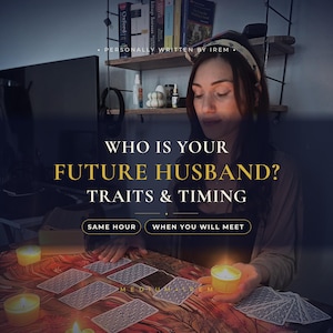 May include: A tarot card reading setup featuring a person with a headband, multiple tarot cards laid out on a patterned surface, and lit yellow candles. Text reads: PERSONALLY WRITTEN BY IREM, WHO IS YOUR FUTURE HUSBAND? TRAITS & TIMING, SAME HOUR, WHEN YOU WILL MEET.