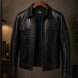 Puede incluir: Una chaqueta negra con textura brillante de piel de cocodrilo, con cuello en punta, mangas largas, dos bolsillos en el pecho con solapas abotonadas y cierre frontal de botones. La etiqueta interior muestra el texto RS REVERSAPS.