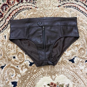 May include: Dark brown leather briefs featuring a high-waisted design with a central vertical zipper closure and a single snap button at the waistband. The garment is constructed with visible seam detailing along the hips and leg openings.