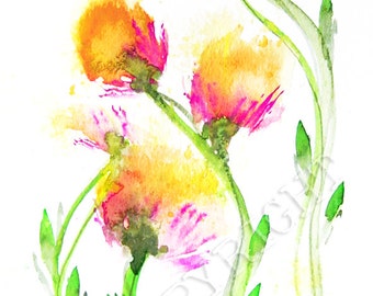 WHIMSICAL FLOWERS yellow & pink --- 6.5" x 11" digital print of watercolor