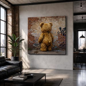 Street Art goldener Teddybär Leinwandbild Urban Graffiti Wandbild Backstein Wandkunst, 3D digital Stil Kunstdruck modern, Rustikal Loft Deko