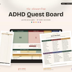 Planificador gamificado para TDAH / Rastreador de funciones ejecutivas, Sistema operativo de vida neurodivergente (Excel/Hojas de cálculo)