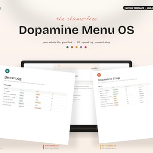 Puede incluir: Una plantilla digital de Notion titulada Dopamine Menu OS que muestra una interfaz de registro de misiones y tienda de dopamina. El diseño incluye tablas para realizar un seguimiento de tareas, XP y recompensas, con un fondo claro y acentos.