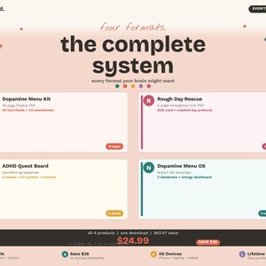 Puede incluir: Un paquete de productos digitales titulado the complete system de heyplanned. Incluye cuatro componentes: Dopamine Menu Kit, Rough Day Rescue, ADHD Quest Board y Dopamine Menu OS. El diseño presenta cuatro cajas rectangulares con detalles.