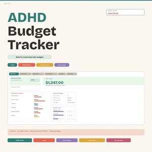 May include: A digital ADHD Budget Tracker spreadsheet interface featuring a dashboard with monthly income, spending categories, impulse spending metrics, and savings goals. The layout includes colourful navigation tabs, data fields, and text labels.