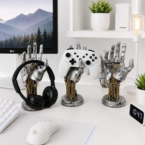 Soporte para mando con forma de mano robótica para PS5, Xbox y Switch, decoración de escritorio para juegos estilo cyberpunk, soporte para mando y base para teléfono, regalo para gamers, decoración para gamers