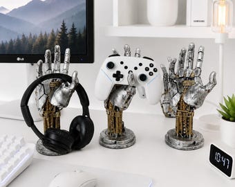 Supporto per controller a forma di mano robotica per PS5, Xbox e Switch, decorazione da scrivania cyberpunk, supporto per gamepad e dock per telefono, regalo per gamer, decorazione per gamer