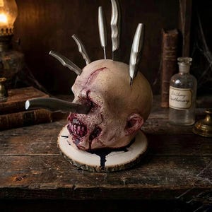 Könnte beinhalten: Ein beigefarbener, texturierter Messerblock in Totenkopfform mit fünf Edelstahlmessern, die oben und seitlich eingesteckt sind. Der Totenkopf weist realistische blutrote Details um Augenhöhle und Mund auf und steht auf einem runden Holzsockel.