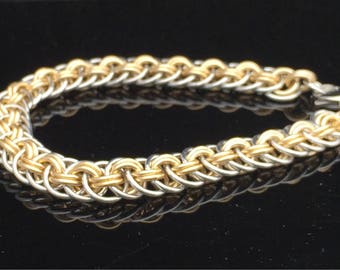 Silver and Gold Chainmaille Bracelet, Viper Basket Weave