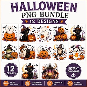 Pacchetto di 12 immagini PNG di Halloween, disegni per sublimazione con gatti fantasma, zucche floreali, uso commerciale, download immediato.