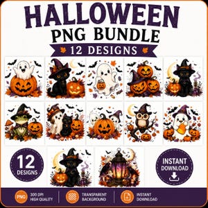 Halloween 12 PNG Bundle, Ghost Cat floral Pumpkin Sublimation Designs, Instant Download