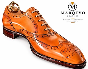 Men’s Cognac Brown Leather Wingtip Oxford Shoes – Handmade Brogue Dress Shoes