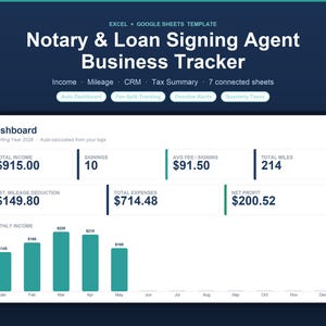 Notary Spreadsheet for Loan Signing Agents | Mobile Notary Business Tracker, Income, Mileage Log & CRM | Excel + Google Sheets image 1