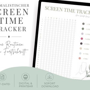 Peut inclure: Un modèle numérique de suivi du temps d'écran affiché sur une tablette. Le document présente une grille pour suivre l'utilisation quotidienne, une légende codée par couleur pour les intervalles de temps et le texte "SCREEN TIME TRACKER".