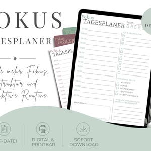 Könnte beinhalten: Eine digitale Tagesplaner-Vorlage mit dem Titel FOKUS TAGESPLANER, die einen Zeitplan von 07:00 bis 21:00 Uhr, einen Bereich für die 3 wichtigsten Prioritäten, eine Aufgabenliste und Kontrollkästchen für tägliche Ziele enthält. 8 Designs.