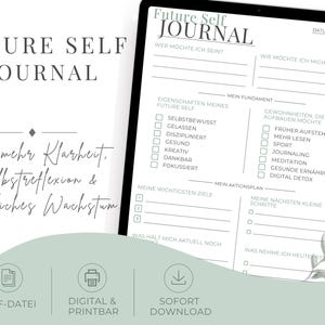 Könnte beinhalten: Eine digitale Future Self Journal Vorlage auf einem Tablet-Bildschirm mit deutschen Überschriften wie Datum, Wer möchte ich sein und Mein Fundament. Das Layout enthält Checkboxen für Gewohnheiten und Ziele sowie eine salbeigrüne Fußzeile mit Symbolen.