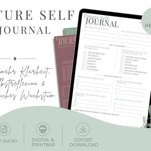 Puede incluir: Una plantilla digital de diario Future Self con ocho diseños distintos en varios colores. El diseño incluye secciones para la autorreflexión, objetivos y hábitos diarios con encabezados en alemán. El documento está disponible como descarga PDF.
