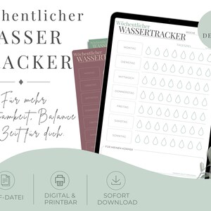 Könnte beinhalten: Eine digitale wöchentliche Wassertracker-Planerseite mit einer Tabelle für sieben Wochentage, die jeweils acht Wassertropfen-Symbole zur Erfassung der Trinkmenge enthalten. Das Dokument zeigt den Text Wöchentlicher WASSERTRACKER und 8 DESIGNS.