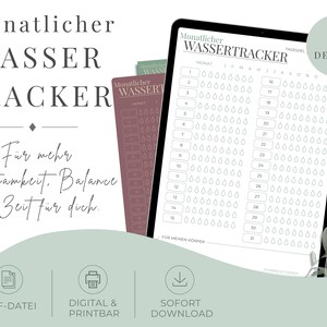 Könnte beinhalten: Eine digitale Wasser-Tracker-Planerseite mit weißem Hintergrund und schwarzem Text mit dem Titel Monatlicher Wassertracker. Das Layout zeigt nummerierte Zeilen von 1 bis 31, jeweils mit Wassertropfen-Symbolen. Weitere Blätter in Weinrot, Grün und Blau sind sichtbar.