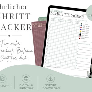 Könnte beinhalten: Eine digitale jährliche Schritt-Tracker-Vorlage mit einem Raster für tägliche Aufzeichnungen, einer farbcodierten Legende für Schrittzahlen sowie Abschnitten für Motivation und Highlights. Das Design enthält den Text Jährlicher Schritt Tracker.