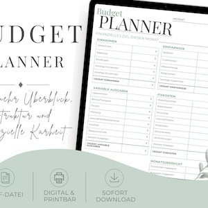 Könnte beinhalten: Eine digitale Budgetplaner-Vorlage auf einem Tablet-Bildschirm mit Abschnitten für Einnahmen, Ersparnisse, variable Ausgaben und Fixkosten. Das Layout enthält Felder für Monat und Jahr sowie ein salbeigrünes grafisches Element am unteren Rand.