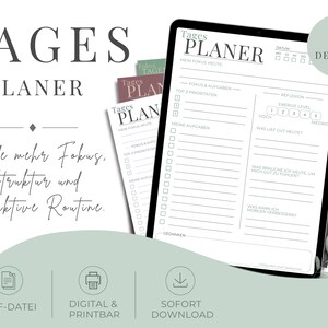 Könnte beinhalten: Eine digitale Tagesplaner-Vorlage mit dem Text "TAGES PLANER" und "Finde mehr Fokus, Struktur und produktive Routine." Das Layout enthält Abschnitte für Prioritäten, Aufgaben, Energielevel und Reflexion, verfügbar in 8 verschiedenen Design-Varianten.