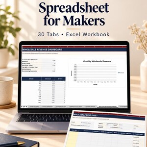 May include: A laptop displaying a Wholesale Spreadsheet for Makers Excel workbook with 30 tabs. The screen shows a Wholesale Revenue Dashboard with charts and tables. A printed Wholesale Line Sheet rests on the desk in front of the laptop.
