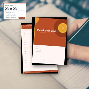 Può includere: Un modello di agenda giornaliera con una copertina color ruggine che riporta il testo Planificador Diario e un logo circolare con le lettere PA. La pagina interna include un programma dalle 6 alle 22 e una sezione per le note.