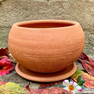 May include: A round, terracotta-colored clay planter with a porous, textured surface and a matching circular saucer base. The bowl-shaped vessel features a wide opening and a thick rim, showcasing the natural, earthy orange-brown tone of the material.